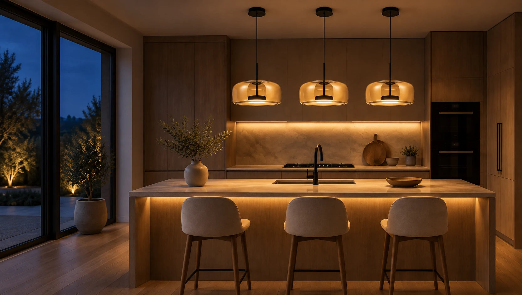Warm pendant lighting over a contemporary kitchen island