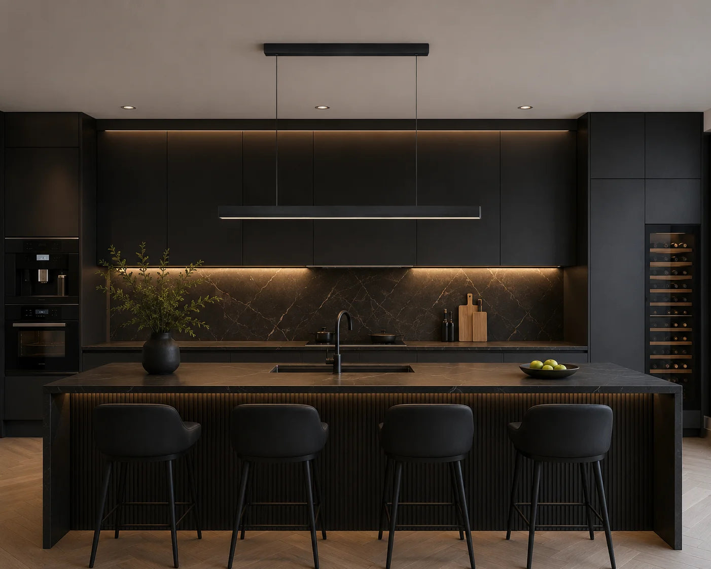 Architectural pendant lighting above a considered kitchen island